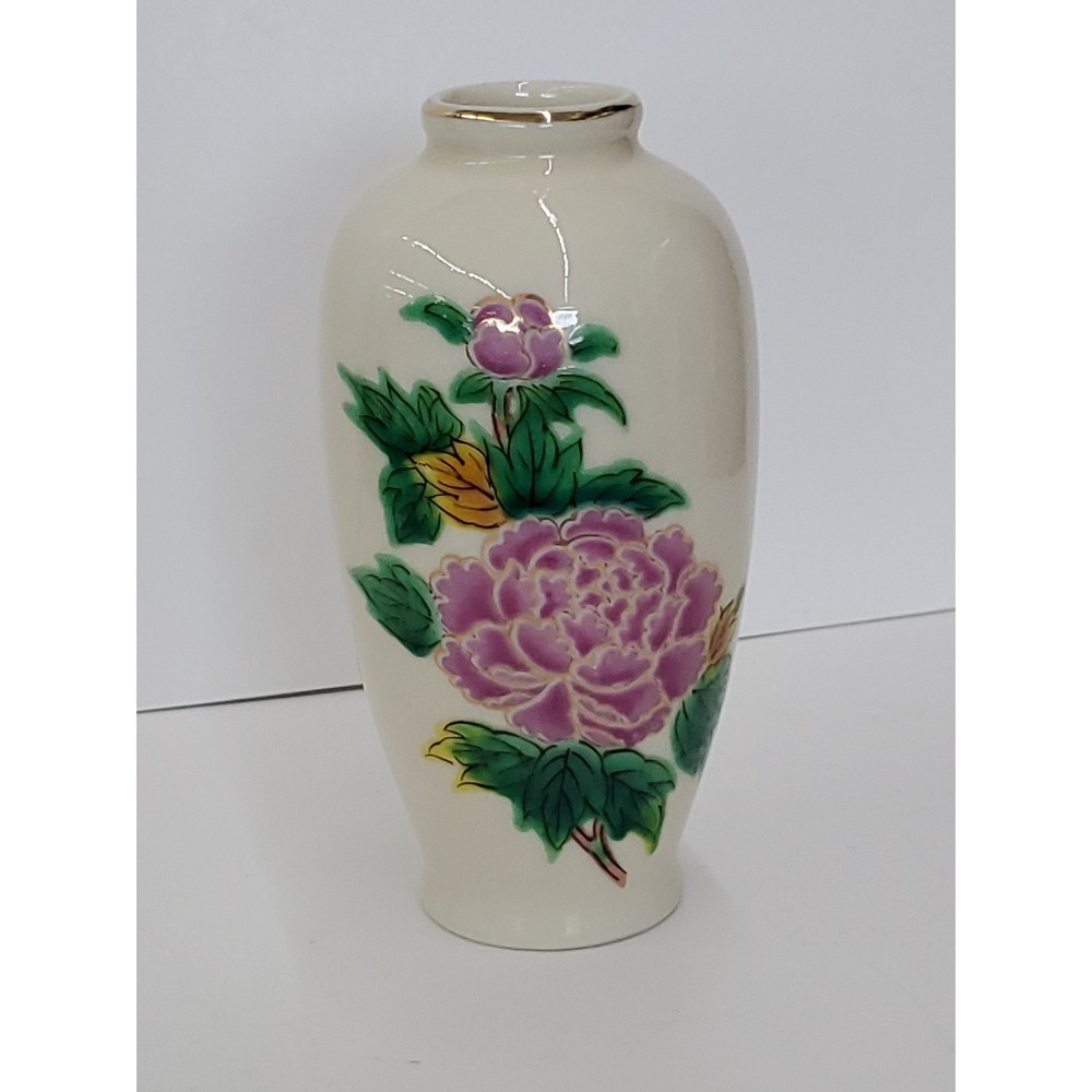 Vntg. Homeco Japanese Satsuma-Style Porcelain Bud Vase With Peonies/Gold Trimmed